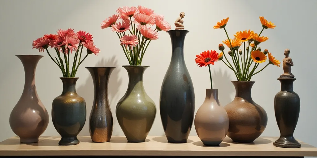a group of vases with flowers and statues on them on a table in a room with a wall, Elinor Proby Ada