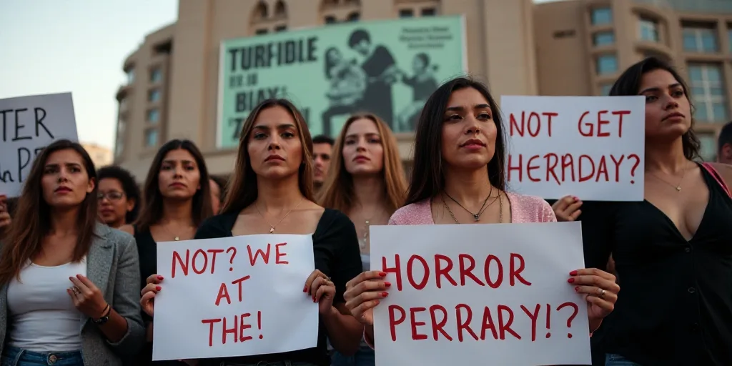 a group of women holding up signs in front of a building with a man and woman holding up signs, Estu