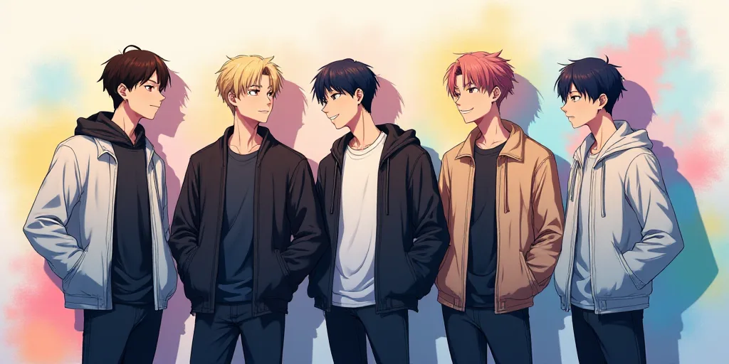 a group of young men standing next to each other in front of a colorful background with a white wall