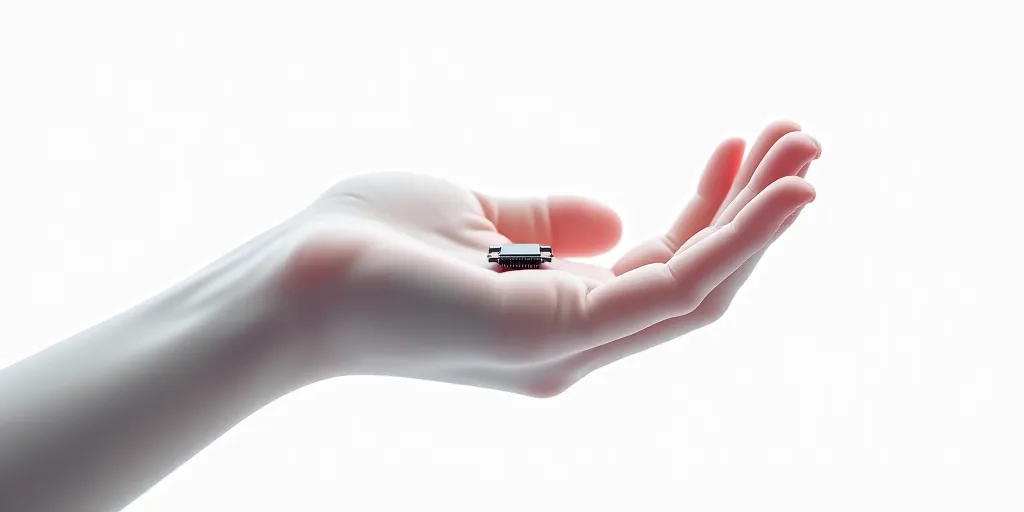 a hand holding a small electronic chip in it's palm, with a white background and a white background,