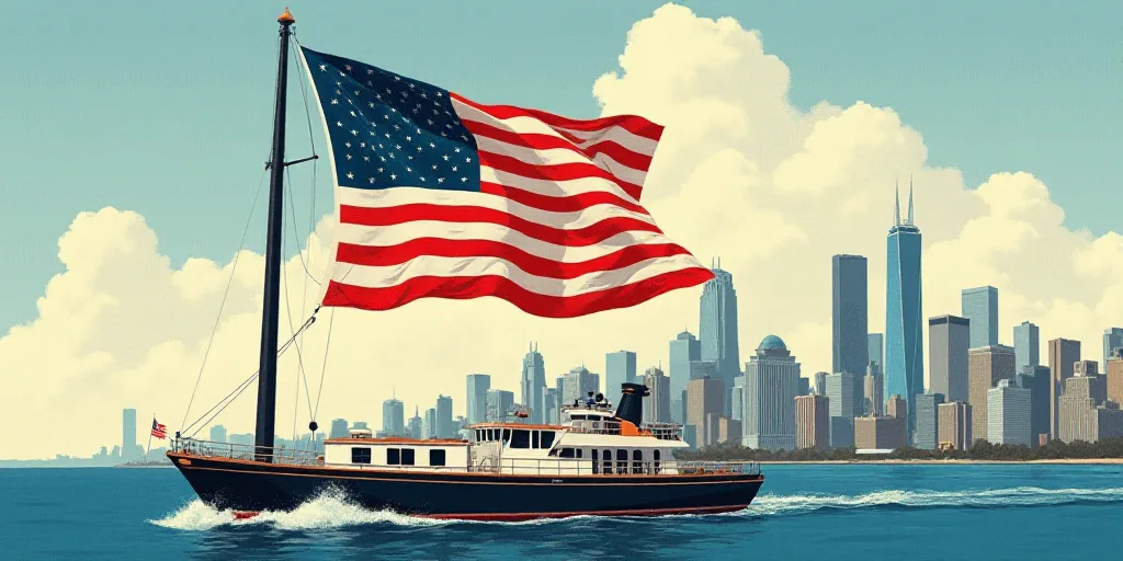 a large american flag flying in front of a city skyline with tall buildings in the background, with