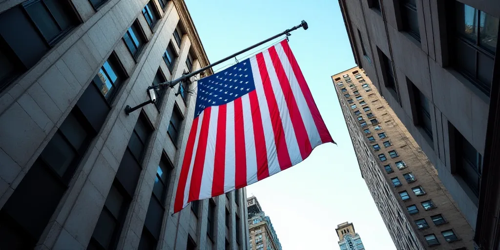 a large american flag is hanging from a building in new york city, usa, on a flagpole, Andries Stock