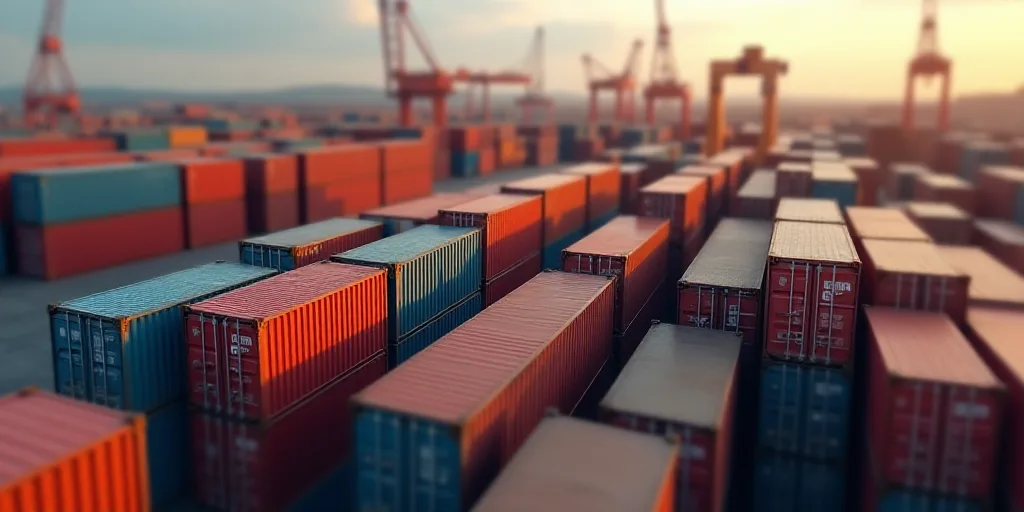 a large amount of containers are stacked up together in a large container yard with a crane in the b