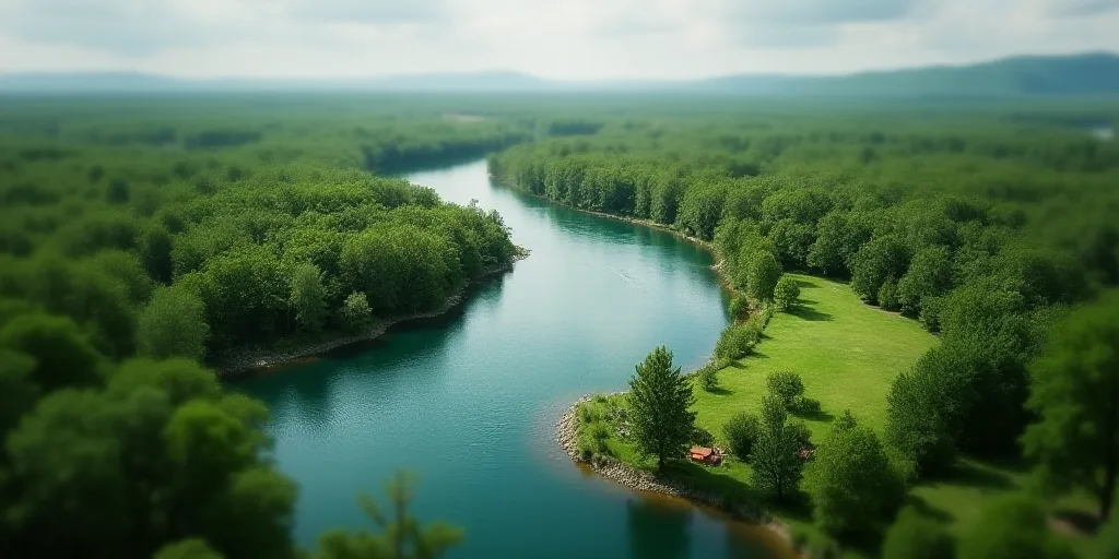 a large area of land with a lot of water and trees in it and a river running through it, Ceferí Oli