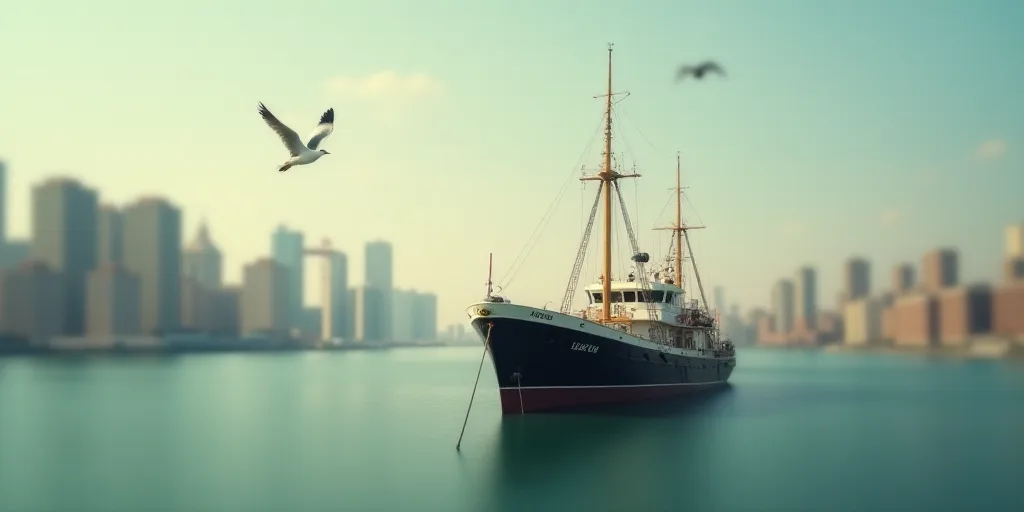 a large boat in the water near a city with a bird flying over it and a bird flying over it, Eduardo