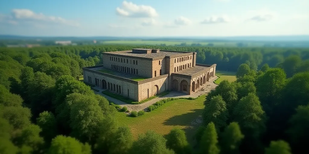 a large building surrounded by trees in a forest area with a sky background and a blue sky above it,