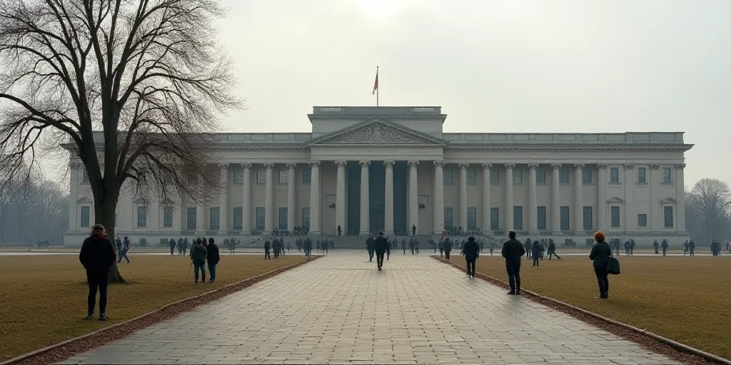 a large building with a bunch of people walking around it and a tree in front of it with no leaves,