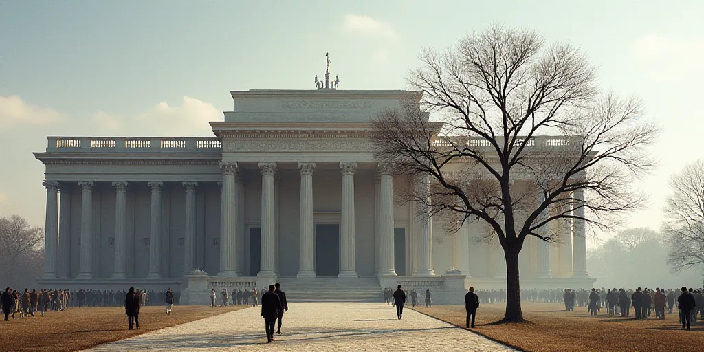 a large building with a bunch of people walking around it and a tree in front of it with no leaves,