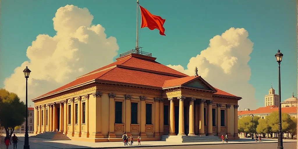 a large building with a flag on top of it's roof and a street light in front of it, David Alfaro Siq