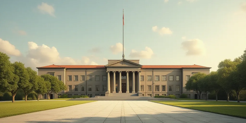 a large building with a flag pole in front of it and a flag pole in the middle of the building, Amad