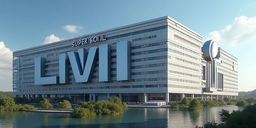 a large building with a giant sign on the side of it that says super bowl livii on it, Bill Lewis, p
