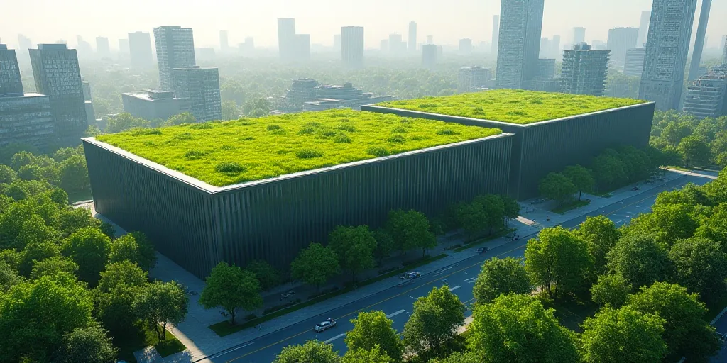 a large building with a green roof in a city area with tall buildings and a green roof on top, Aquir