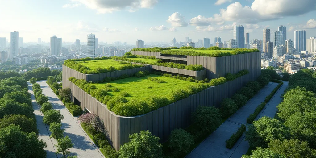 a large building with a green roof in a city area with tall buildings and a green roof on top, Aquir