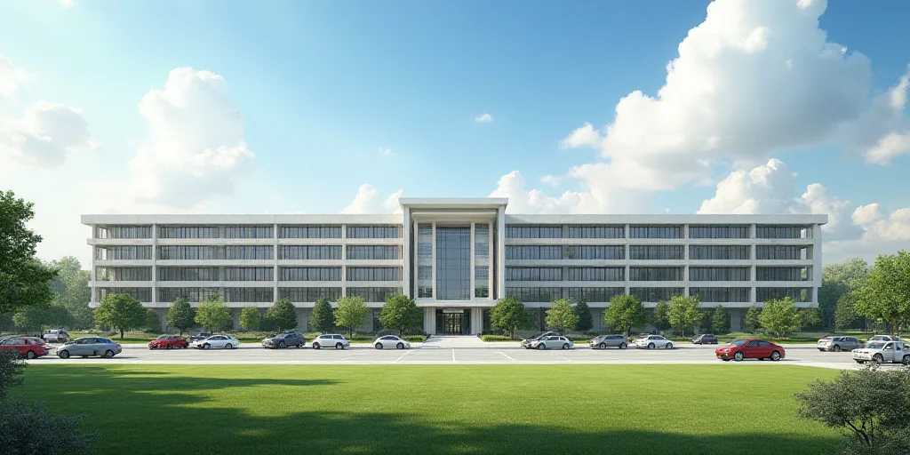 a large building with a lot of cars parked in front of it and a grassy area in front of it, Cao Zhib