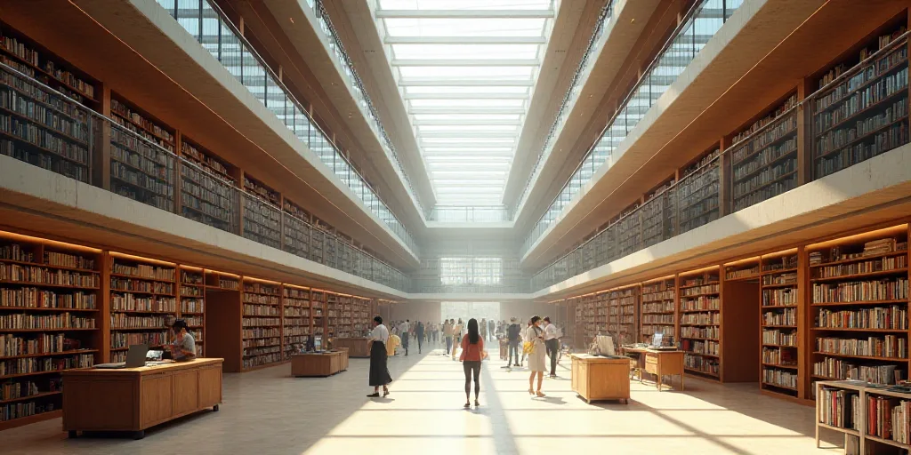 a large building with a lot of books on the shelves and people walking around it in the middle of th