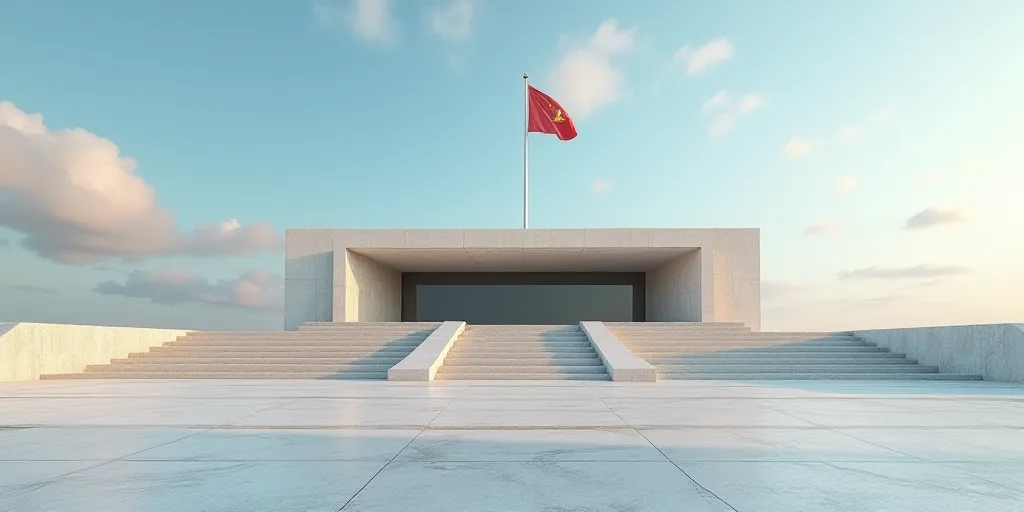 a large building with a lot of steps in front of it and a flag on top of it and a sky background, An