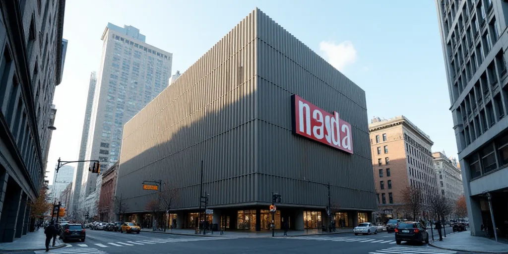 a large building with a nasda sign on it's side in a city street with tall buildings, Andries Stock,
