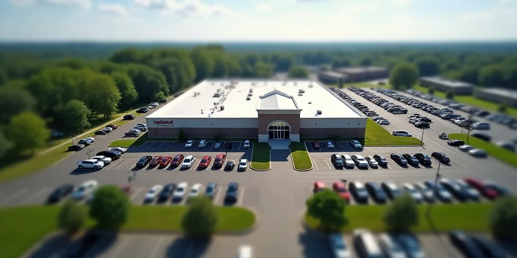 a large building with many cars parked in it's parking lot and a parking lot in the background, Arli