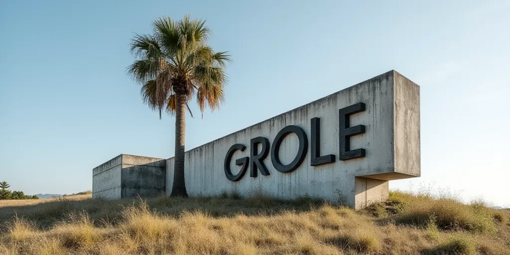 a large cement structure with the word grole on it's side and a palm tree in the background, Cricorp