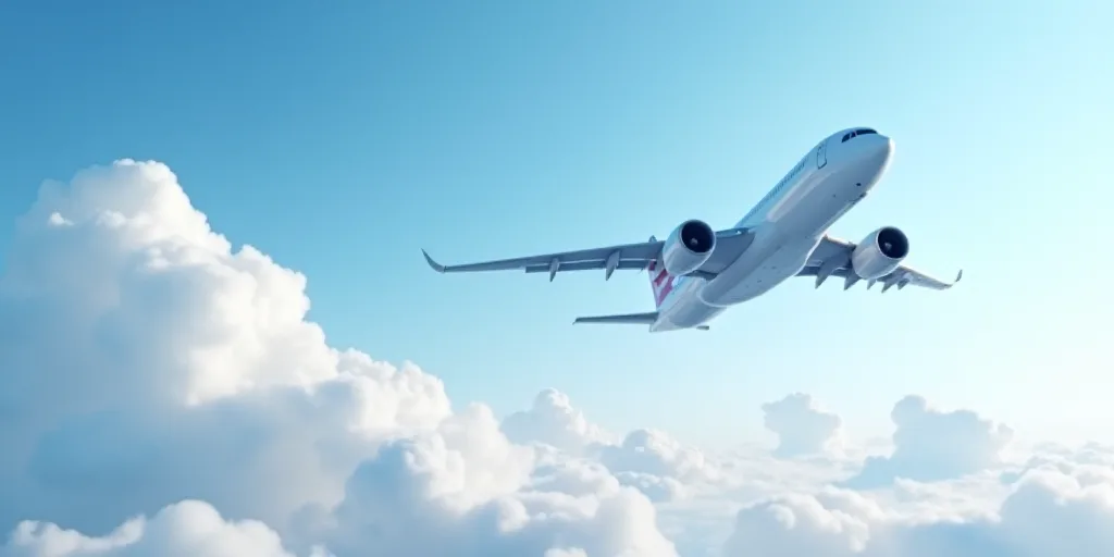 a large commercial airplane flying in the sky with clouds in the background and a blue sky with whit