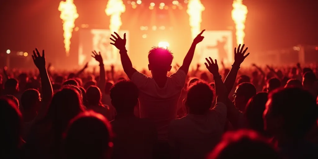 a large crowd of people are standing together and waving their hands in the air at a concert or fest