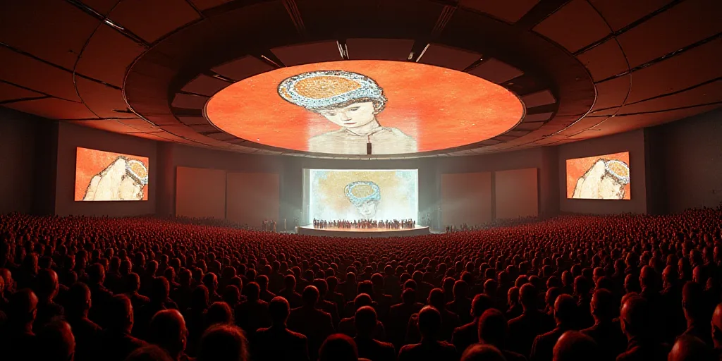 a large crowd of people in a large room with a stage and two large screens on the wall and ceiling,