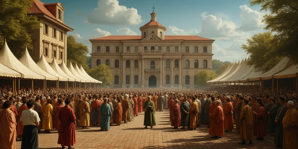 a large crowd of people standing around each other on a brick walkway in front of a building with te