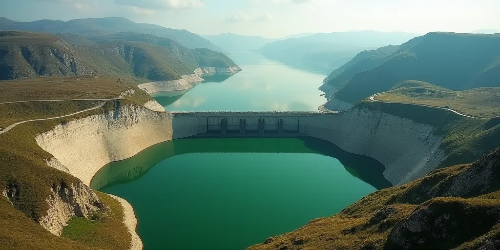 a large dam with a green lake in the middle of it and a large body of water in the middle of it, And
