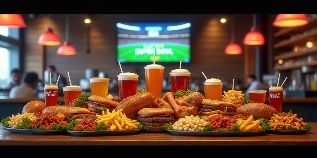 a large display of food and drinks in a restaurant with a big screen in the background that says luc