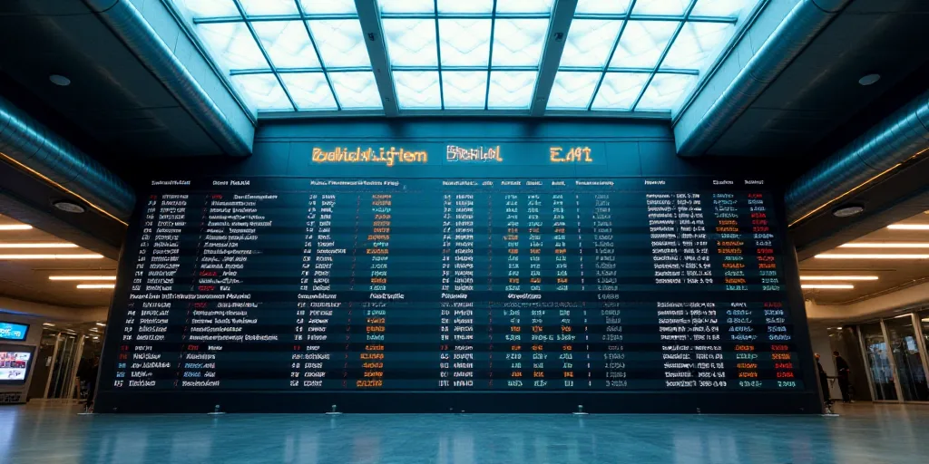 a large display of stock information in a building with a sky background and a ceiling light above i