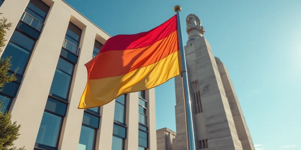 a large flag flying in front of a tall building with windows in the background and a statue of a man
