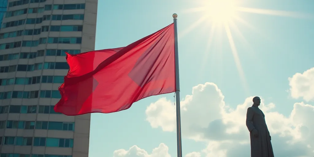 a large flag flying in front of a tall building with windows in the background and a statue of a man