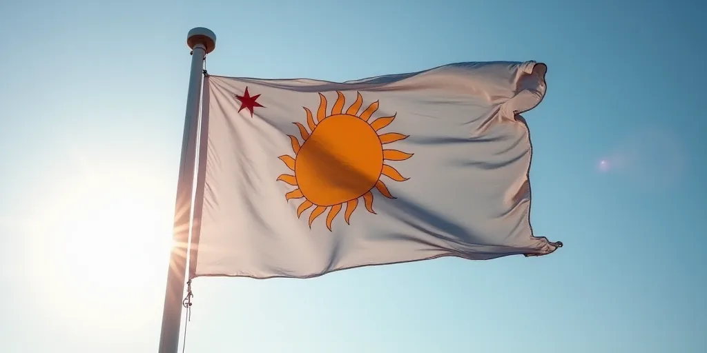 a large flag flying in the sky with a sun on it's center piece and a star on the back of the flag, A