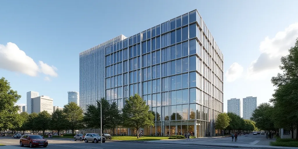 a large glass building with a sky background and trees in the foreground and a city in the backgroun