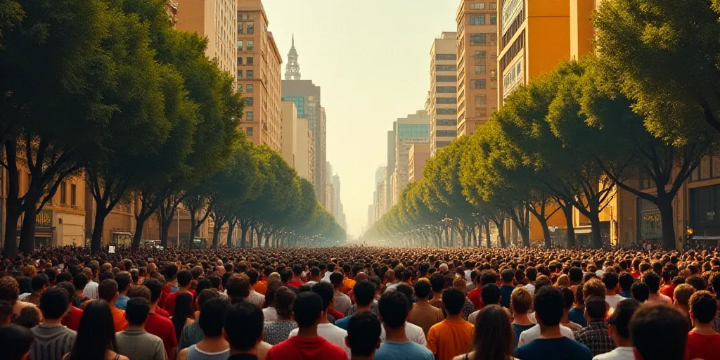 a large group of people are marching down a street in a city with tall buildings and trees on both s