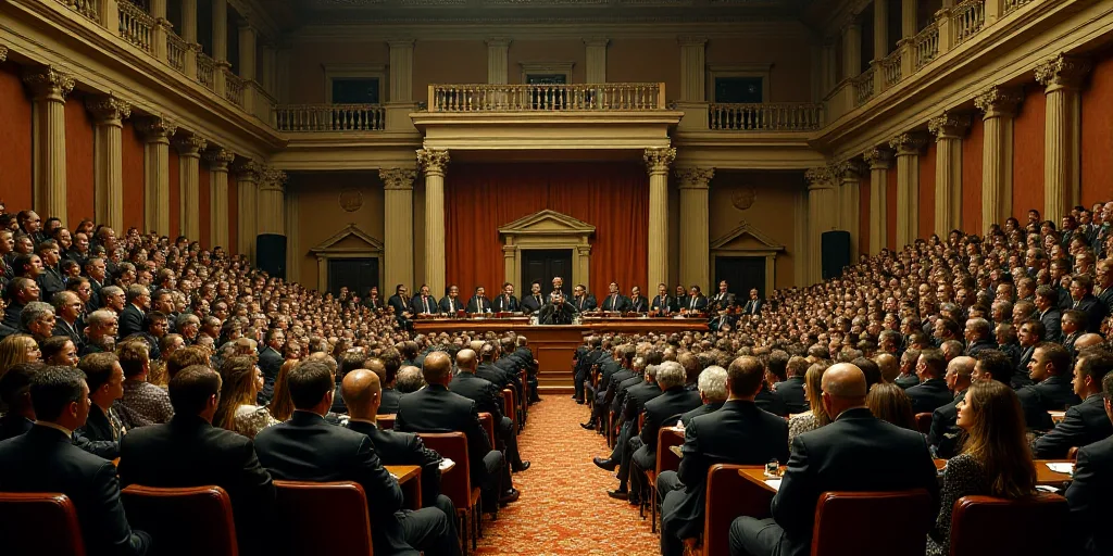 a large group of people in a conference hall with chairs and tables full of people in suits and ties