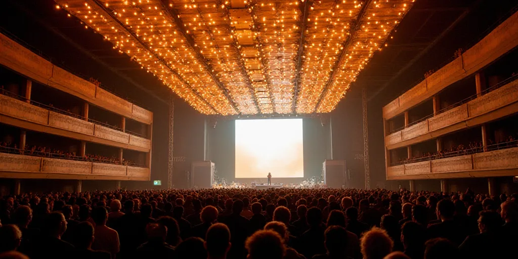 a large group of people in a large room with a ceiling full of lights and a stage with a large scree