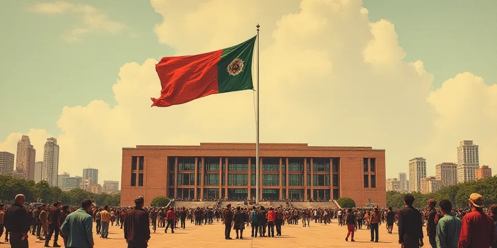 a large group of people standing around a large building with a flag flying in the air over it and a