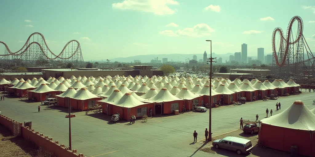 a large group of tents are set up in a parking lot with people walking around them and a roller coas
