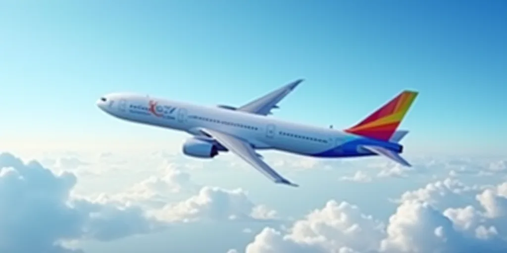 a large jetliner flying through a blue sky with clouds in the background and a rainbow painted tail