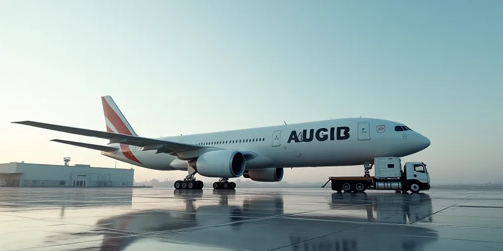 a large jetliner sitting on top of an airport tarmac next to a loading truck and a building, Ei-Q, c