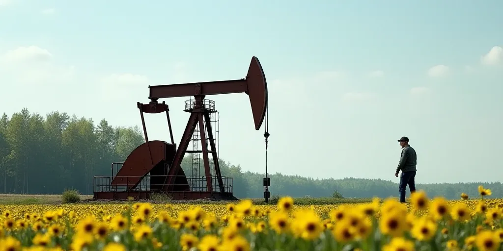 a large oil pump sitting next to a field of flowers and trees with a sky background and a person sta