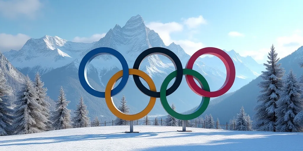a large olympic sign in front of a snowy mountain range with trees and a fence in the foreground, Fl