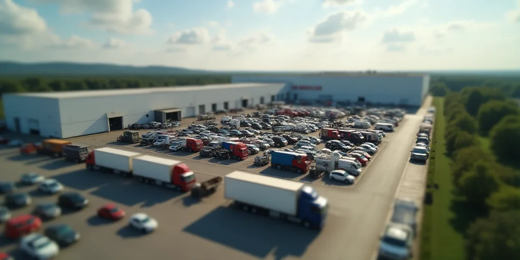 a large parking lot filled with lots of cars and trucks next to a factory building with a large amou