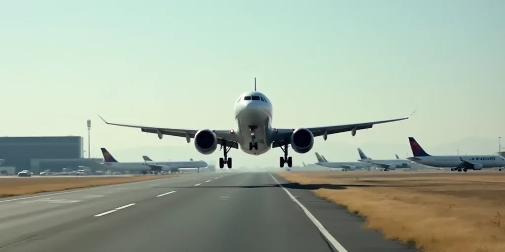a large passenger jet flying over a runway at an airport with other planes in the background and a b