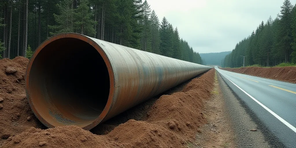 a large pipe laying on the side of a road next to a forest of trees and dirt on the side of the road