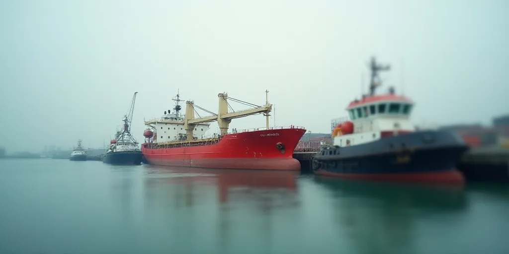 a large red boat in the water next to a dock with a tug boat and a tug boat in the water, Cui Bai, o