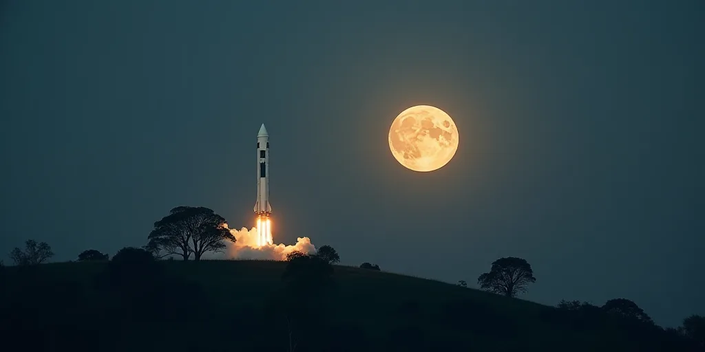 a large rocket is sitting on a hill with a full moon in the background and a few trees in the foregr