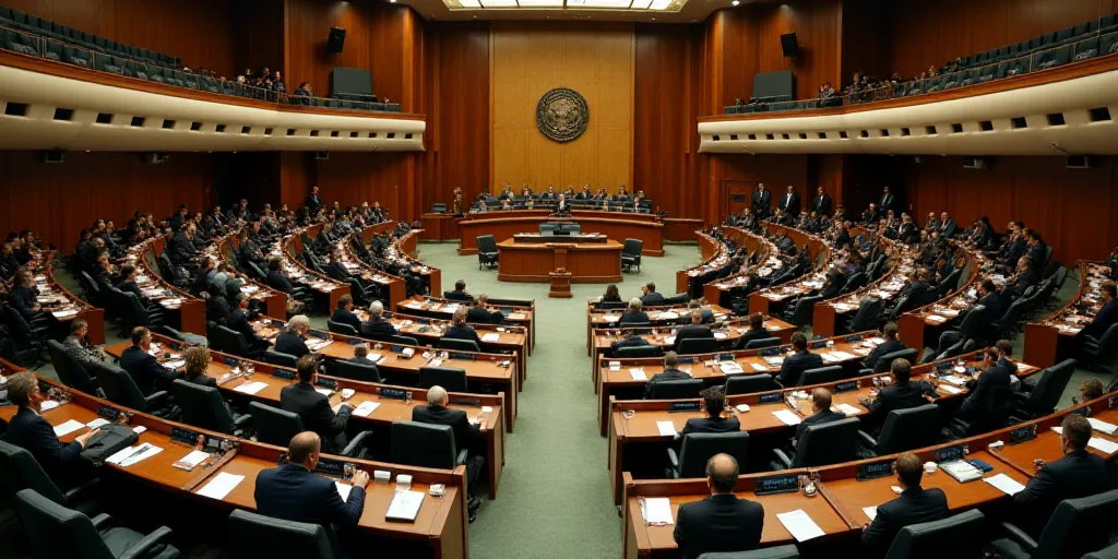 a large room filled with lots of people sitting at desks and standing around a podium with a podium