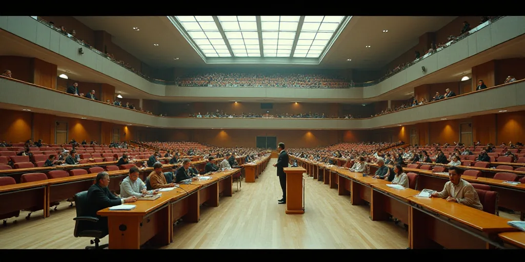 a large room filled with lots of chairs and desks with people sitting at them and standing around th